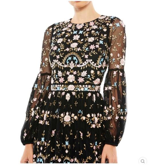 Mac Duggal 35111 Floral Embellished Embroidered Mesh Gown Bishop Sleeve Sz 2 NWT - Picture 5 of 14
